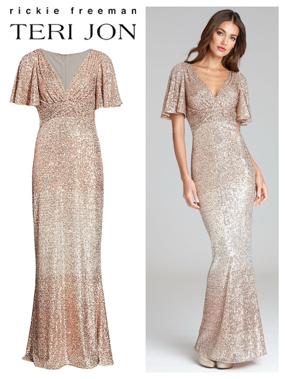 TERI JON by Rickie Freeman Sequin Flutter-Sleeve Column Gown